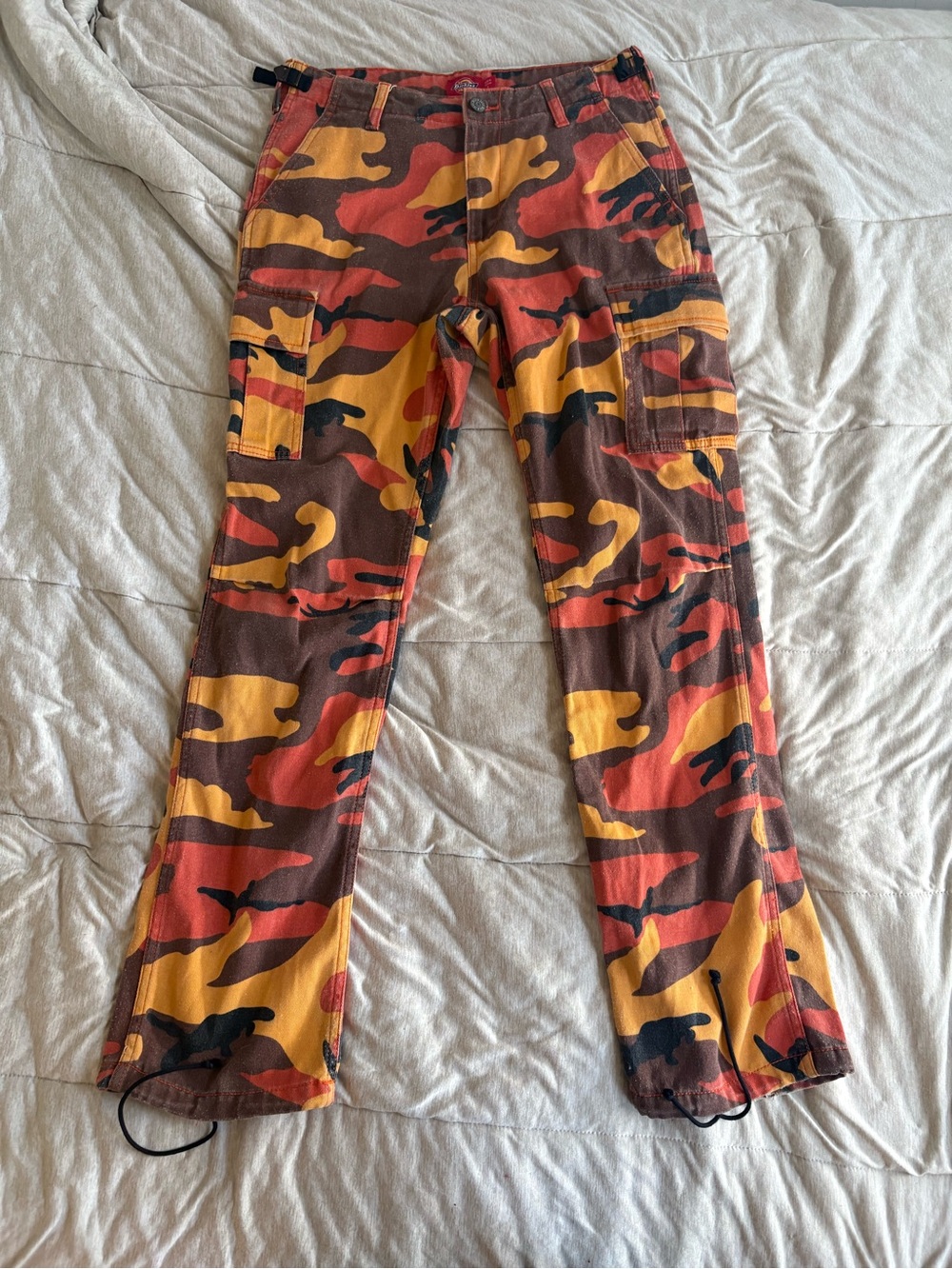 Dickies Women's Flare Cargo Pants in Red, Brown & Yellow Camo